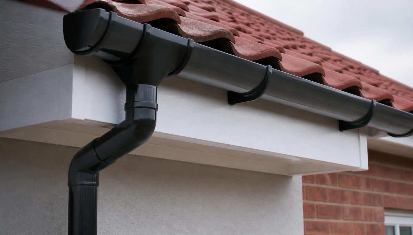 New black round-line rain gutter and downpipe fitted to a British house — White Horse Roofing Services, Oxfordshire