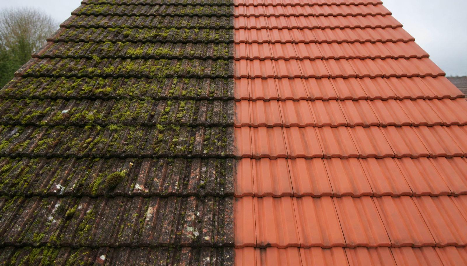 Clay tile roof before-and-after moss removal and cleaning by White Horse Roofing Services, Oxfordshire